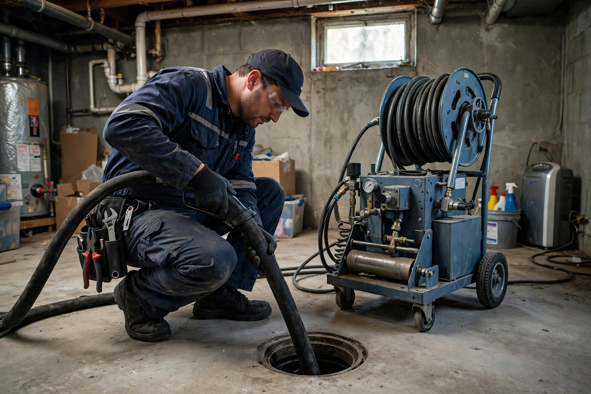 Plumbing technician feeding a hydro jetting hose into a floor drain in Stow, OH