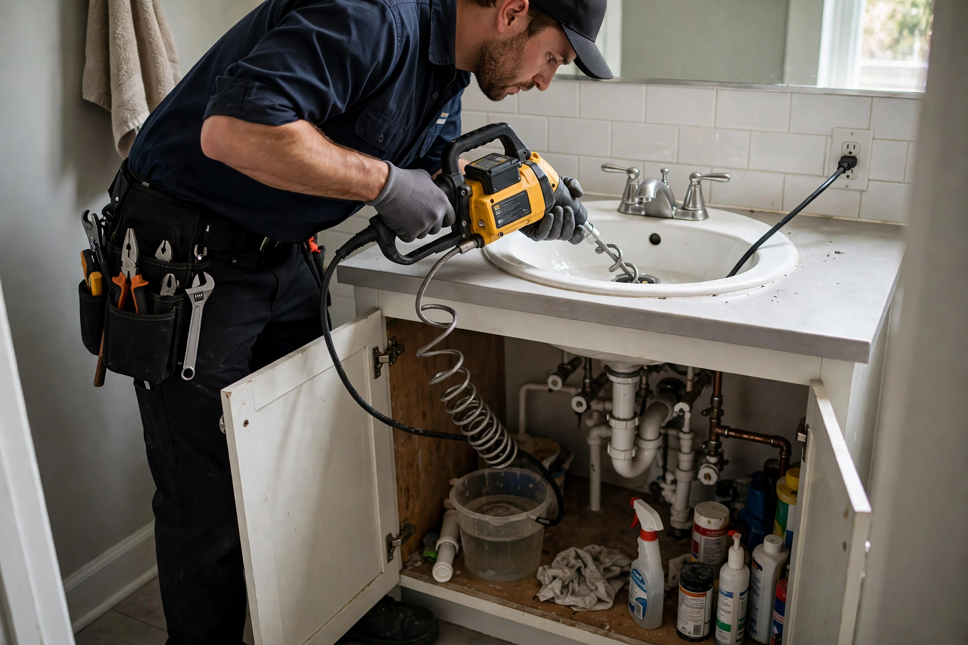 Technician clearing a clogged kitchen sink drain in Stow, OH